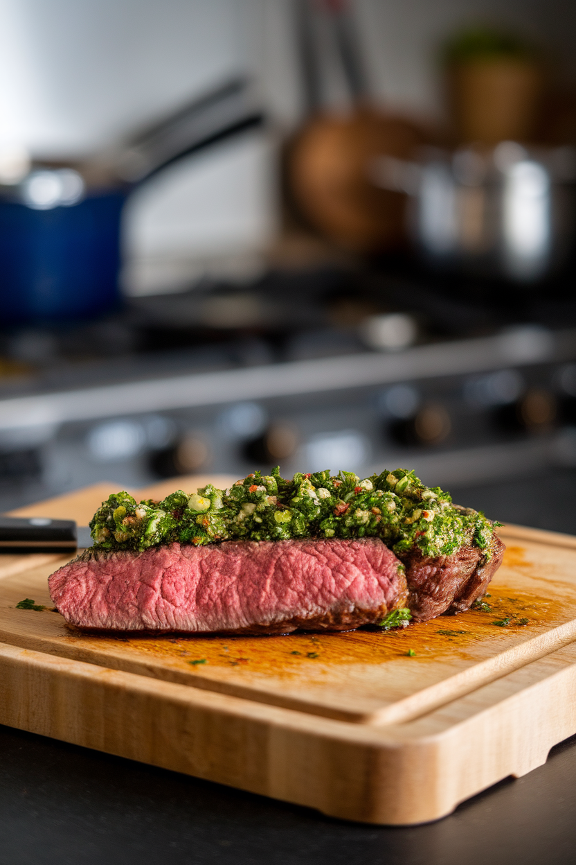 Sliced sirloin steak topped with vibrant green chimichurri sauce on a cutting board indoors, no text or logos.