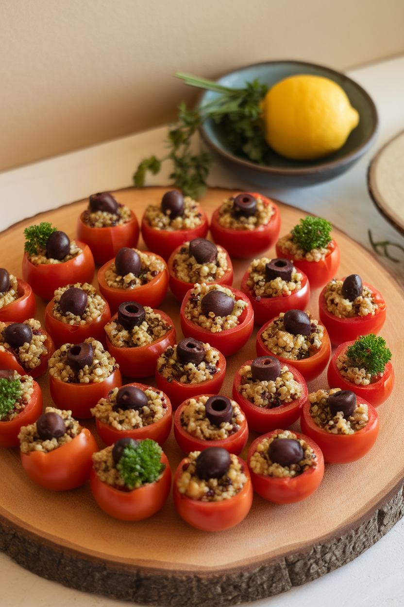 Indoor platter of hollowed cherry tomatoes filled with quinoa, olives, and parsley—photo, no text or logos.