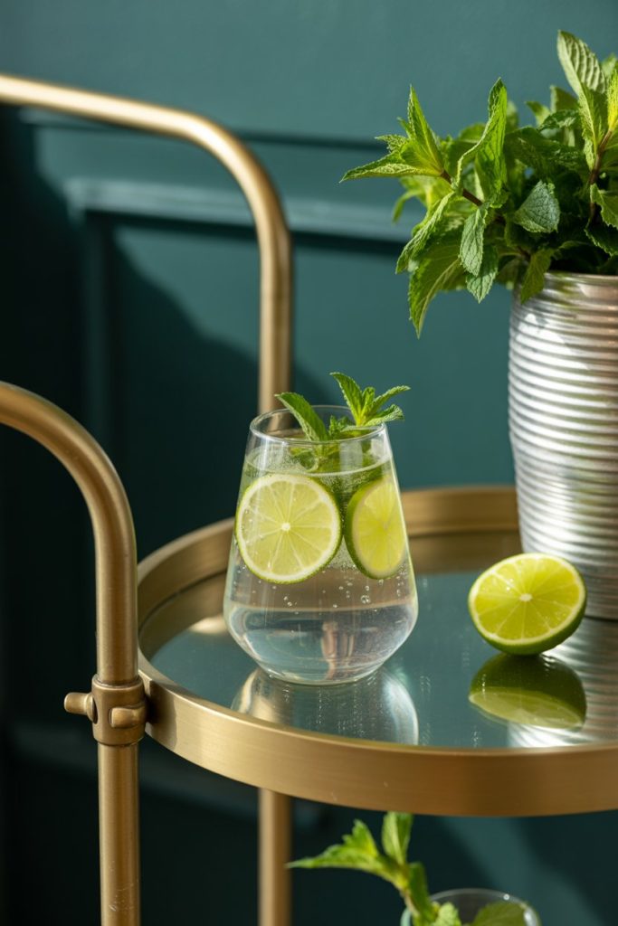 An indoor bar cart with a glass of fizzy water containing lime slices and mint—photo, no text or logos.