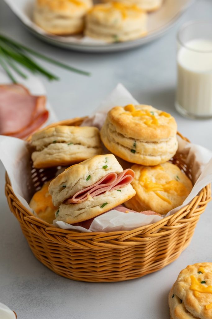 An indoor biscuit basket containing flaky cheddar chive biscuits, thin slices of country ham tucked inside a few. No text or logos. Photo, not illustration.