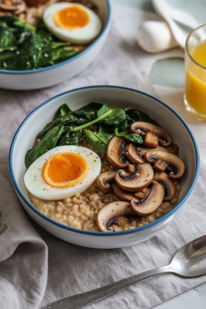 An indoor breakfast bowl of steel-cut oats topped with sautéed mushrooms, wilted spinach, and a soft-boiled egg. No logos or text.