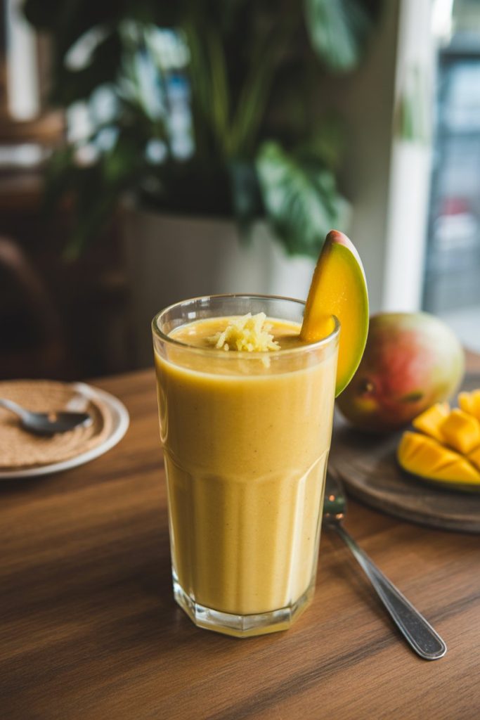 An indoor breakfast nook featuring a clear glass filled with a thick yellow smoothie, garnished with a slice of mango and a small pinch of grated ginger on top. No text or logos; photo only.