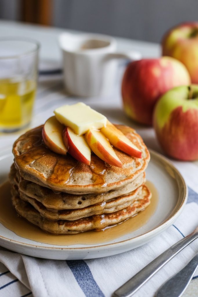 An indoor breakfast table plate stacked with golden oat-bran pancakes, topped with warm cinnamon apples and a pat of butter. No text or logos.