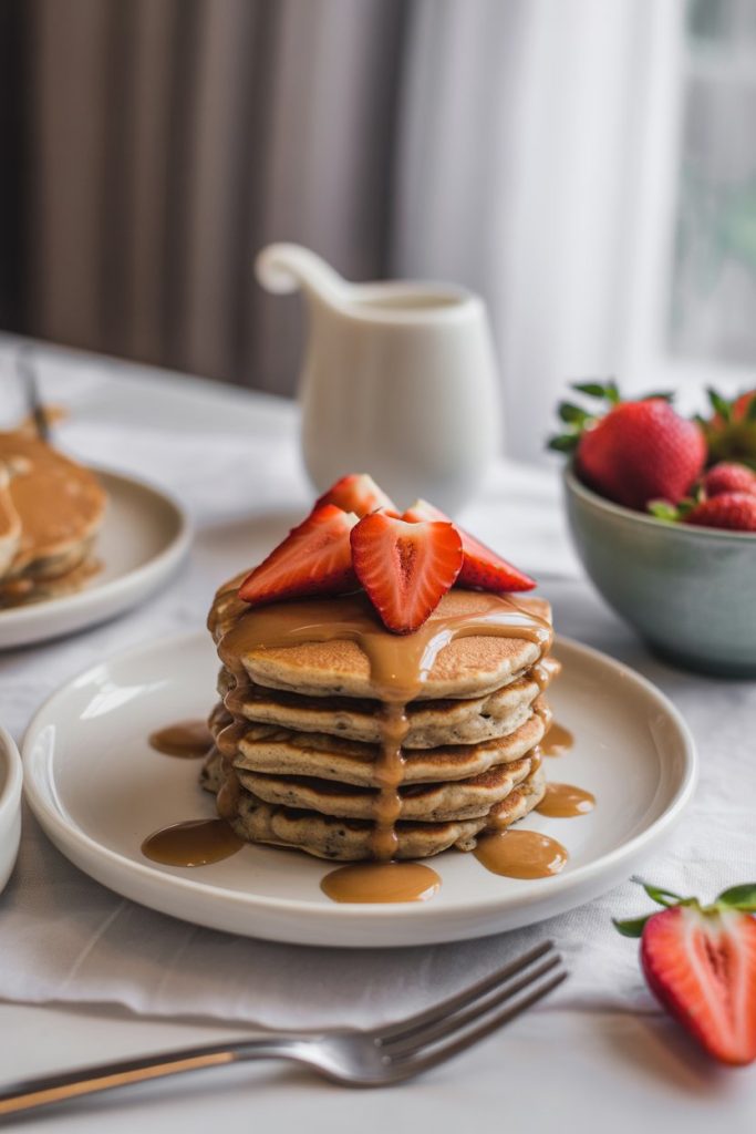 An indoor breakfast table with a neat stack of small oat-banana pancakes drizzled with warm almond butter and topped with sliced strawberries. No text or logos; photo.