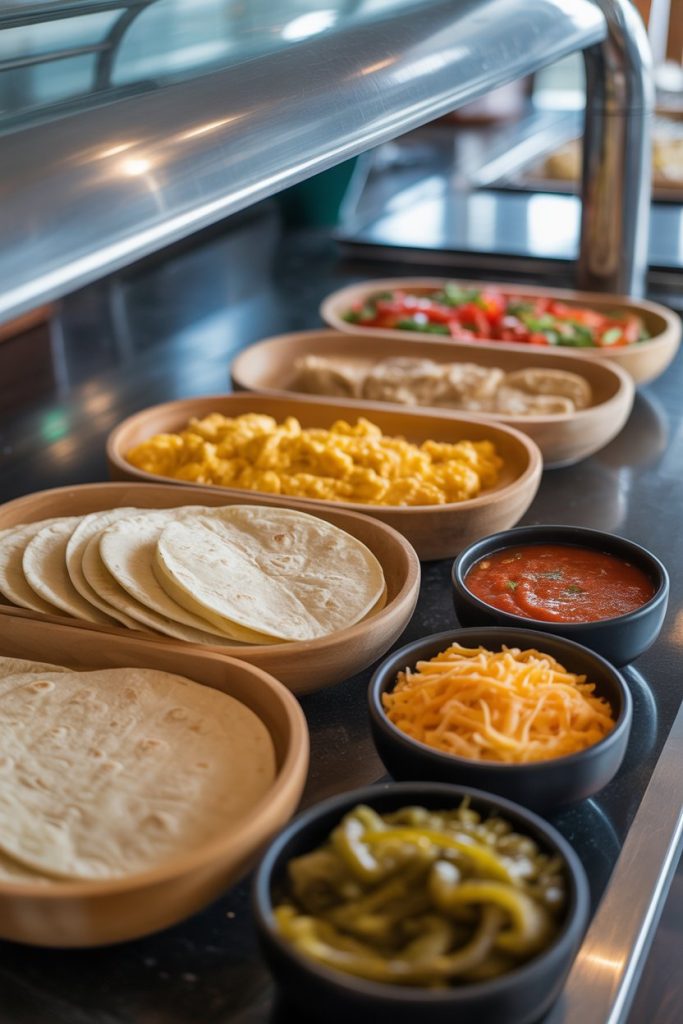An indoor buffet line with flour tortillas, scrambled eggs, salsa, shredded cheese, and sautéed peppers in separate bowls, no text or logos present.