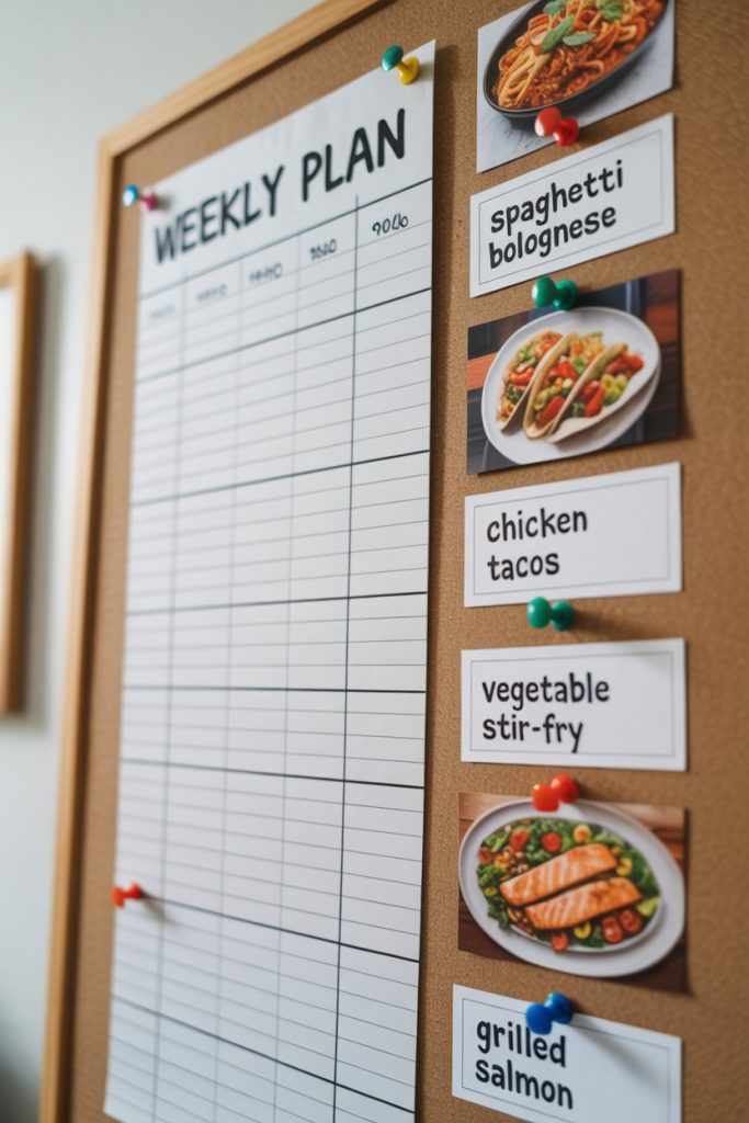 An indoor bulletin board with a handwritten weekly meal plan, colorful pushpins holding recipe cards—photo, no text or logos beyond generic handwriting.