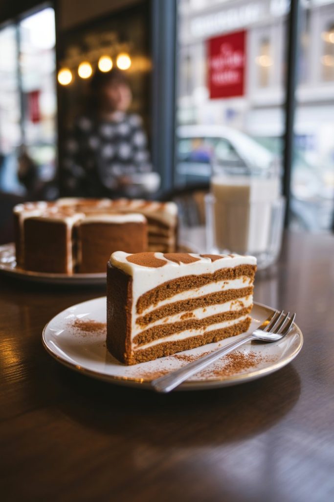 An indoor cafe table displaying a spiced cake slice with creamy cinnamon-cardamom frosting and a dusting of ground chai spices. No text or logos. Photo, not illustration.