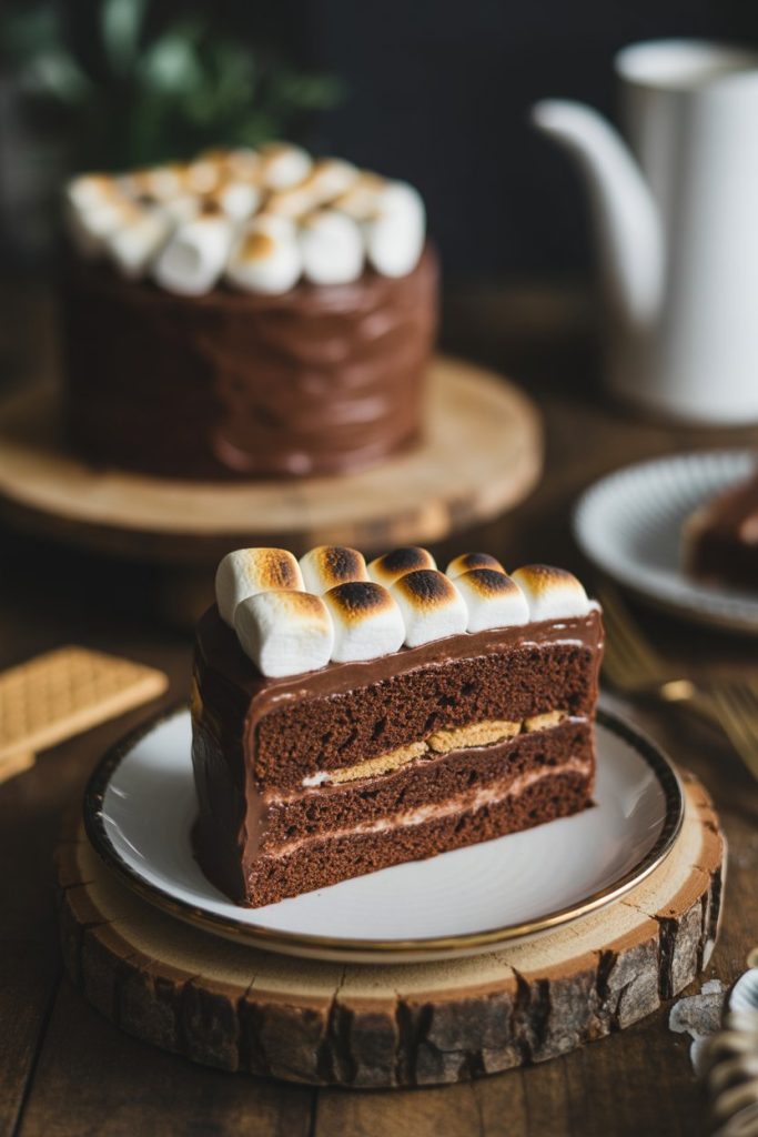 An indoor campfire-inspired scene showing a slice of chocolate cake with graham cracker layers and torched marshmallow frosting peaks. No text or logos. Photo, not illustration.