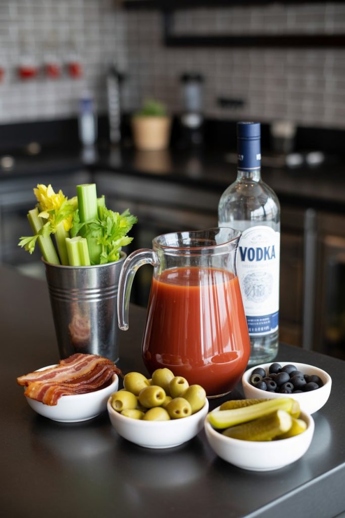 An indoor counter with a pitcher of Bloody Mary mix, vodka bottle nearby, and garnish bowls of celery, olives, bacon strips, and pickles, no text or logos.