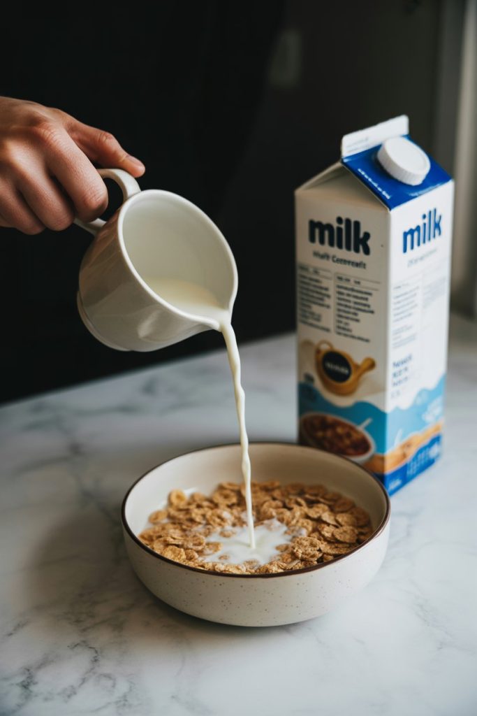 An indoor countertop with a measuring cup poised over a bowl, pouring one cup of whole-grain cereal, carton of milk nearby with label turned away. No logos present.