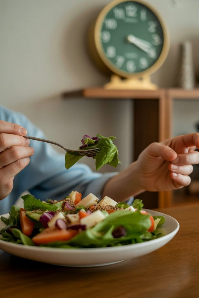 An indoor dining room clock in soft focus behind a person savoring a bite of salad—photo, no visible faces or logos.