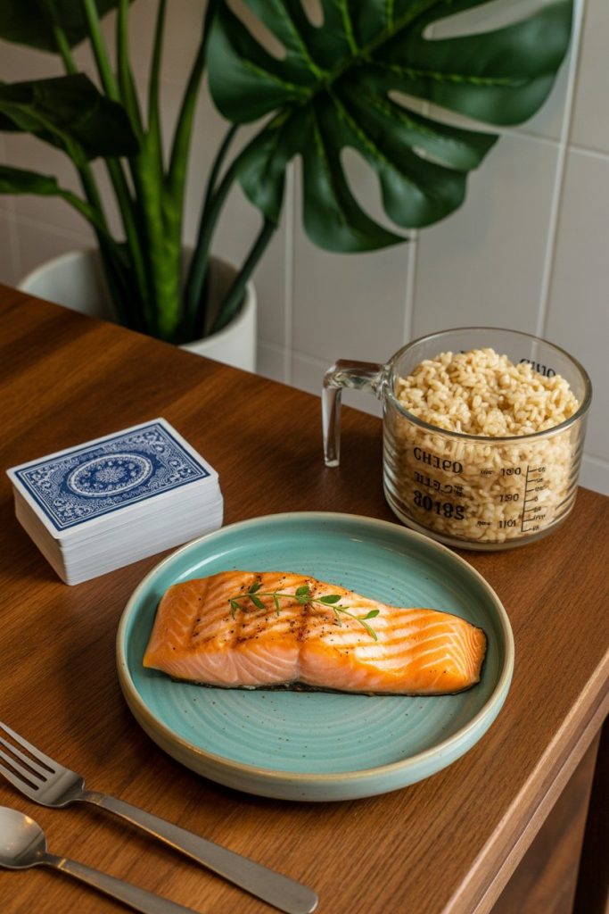 An indoor dining table showing a deck of cards next to a grilled salmon fillet and a cup-measure beside brown rice—photo, no text or logos.