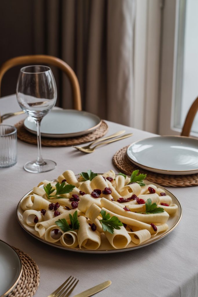 An indoor dining table showing a platter of parsnip ribbons curled with dried cranberries and parsley leaves. No text or logos. Photo.