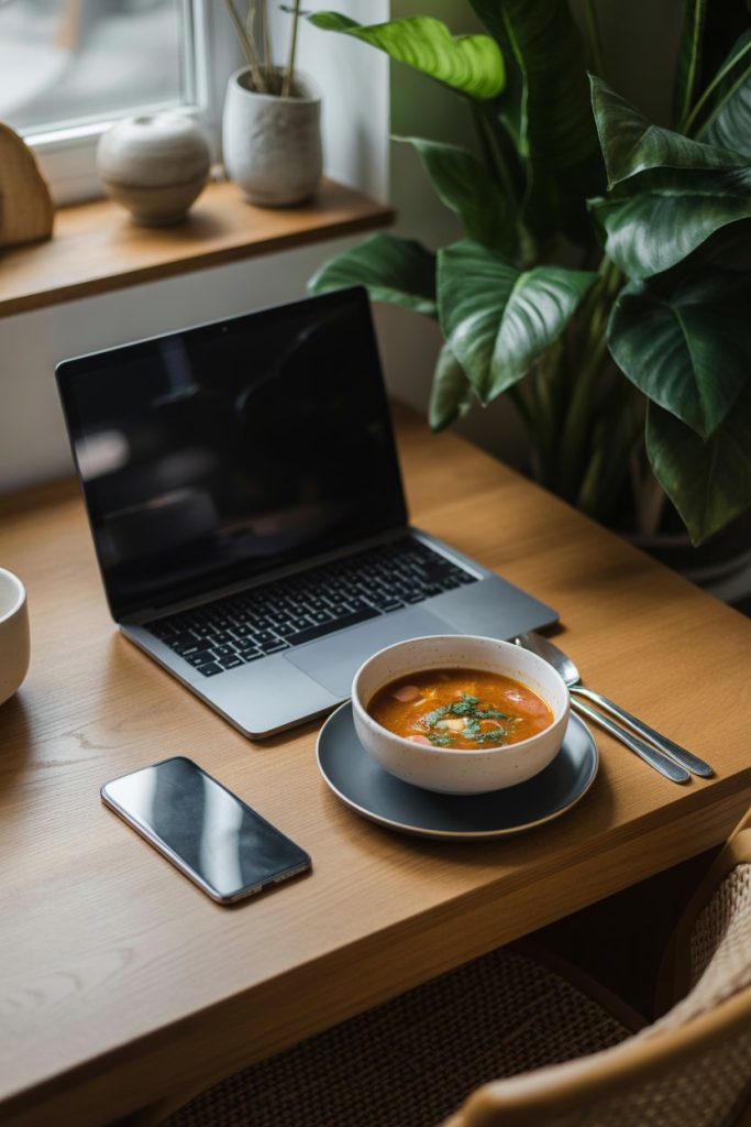 An indoor dining table with a closed laptop beside a bowl of soup, a phone face-down nearby—photo, no logos.