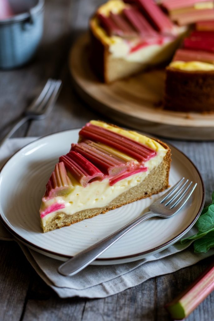 An indoor farmhouse dessert plate with a slice showing ribbons of pink rhubarb atop creamy custard baked into sponge. No text or logos. Photo, not illustration.