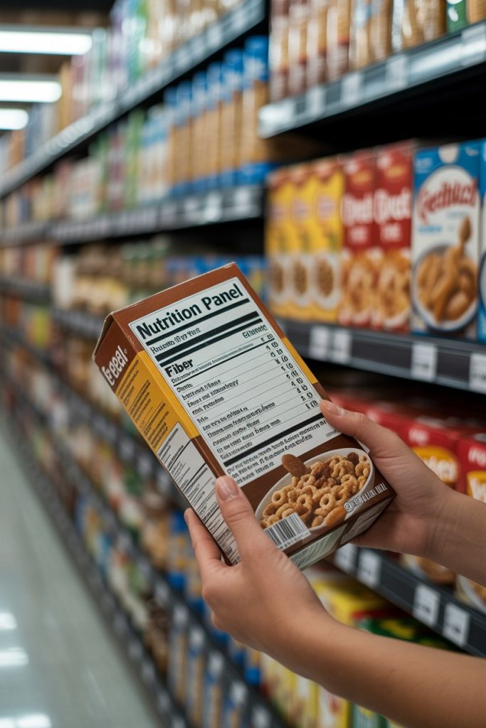 Photo prompt: An indoor grocery aisle where a shopper checks the fiber line on a cereal box nutrition panel, blurred shelves in background, no brand names visible.