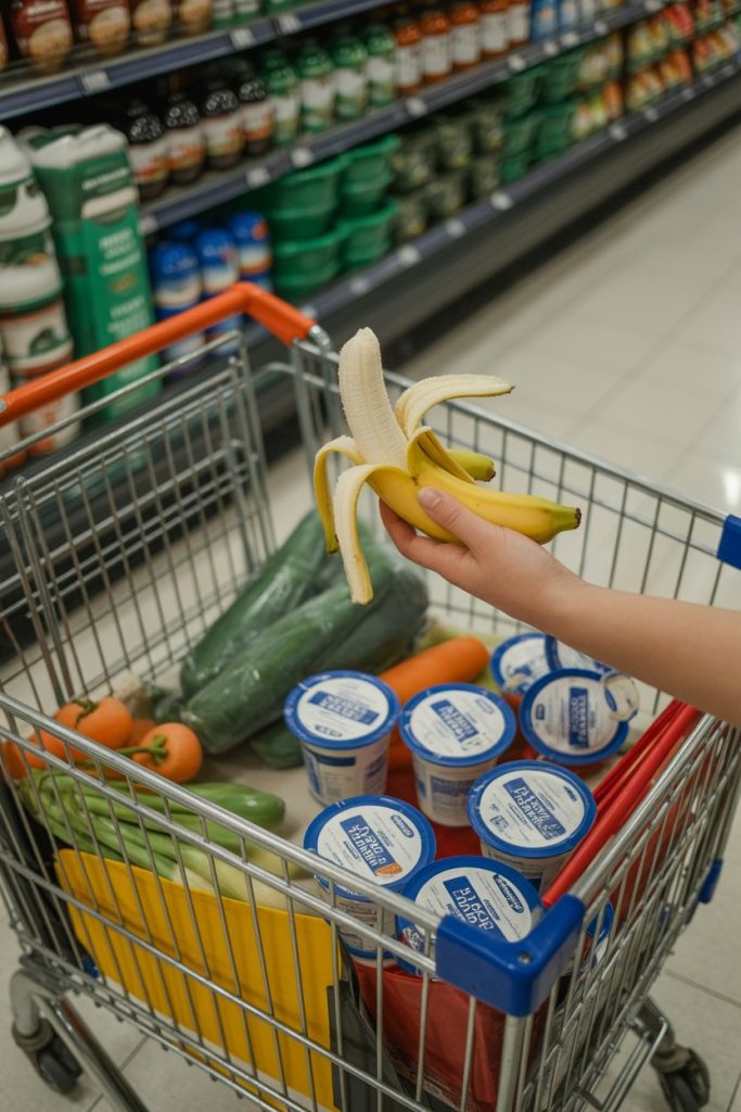 An indoor grocery cart containing vegetables and yogurt, with a half-eaten banana in a shopper’s hand—photo, no store logos or text.