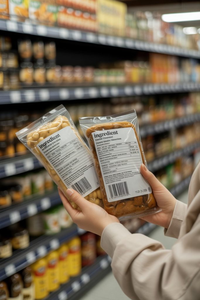Photo prompt: An indoor grocery setting with a person’s hands holding two food packages, focusing on the ingredient labels, shelves blurred in background, no identifiable brand names.