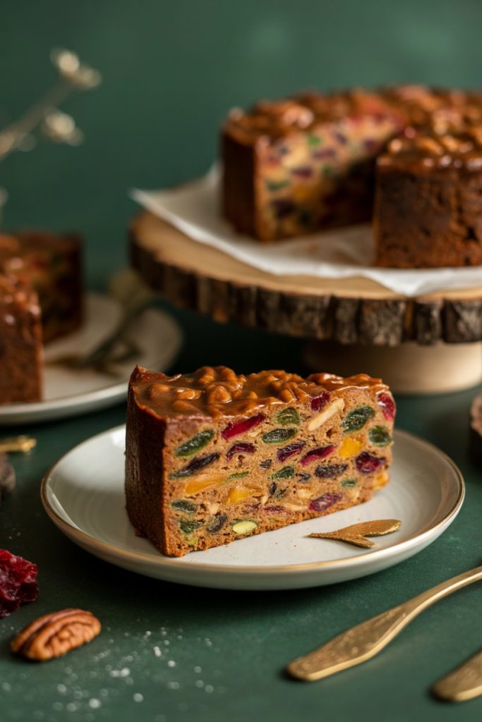 An indoor holiday buffet with a modern fruitcake slice packed with jewel-tone dried fruit and glazed pecans. No text or logos. Photo, not illustration.