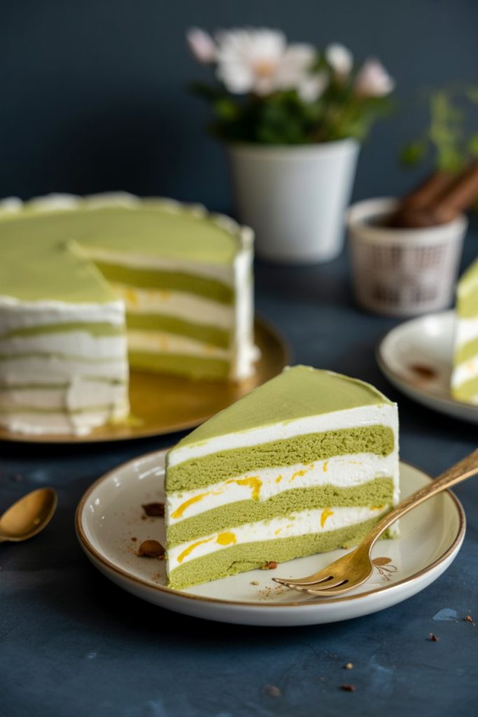 An indoor Indian-inspired dining table with a chilled slice of pistachio kulfi icebox cake, cardamom whipped cream layers visible. No text or logos. Photo, not illustration.