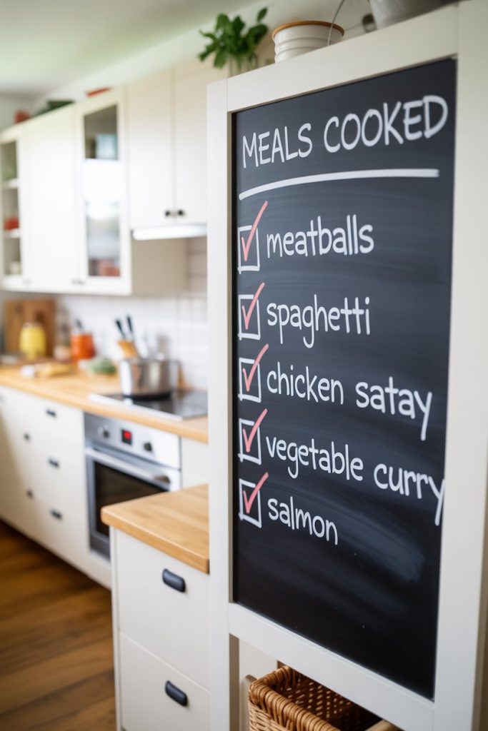 Photo prompt: An indoor kitchen chalkboard showing crossed-out days and checkmarks for meals cooked at home, content blurred so no readable text appears, no logos.