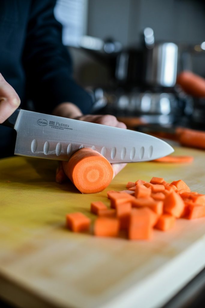 An indoor kitchen counter with a chef’s knife mid-chop through a carrot, neatly diced cubes nearby—photo, no brand names or logos.