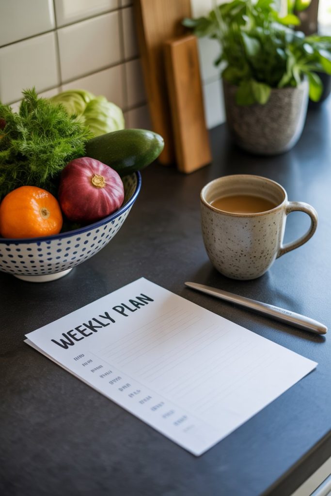 An indoor kitchen counter with a handwritten weekly meal plan next to a bowl of fresh produce and a mug of coffee; natural morning light, photo, no text or logos on items