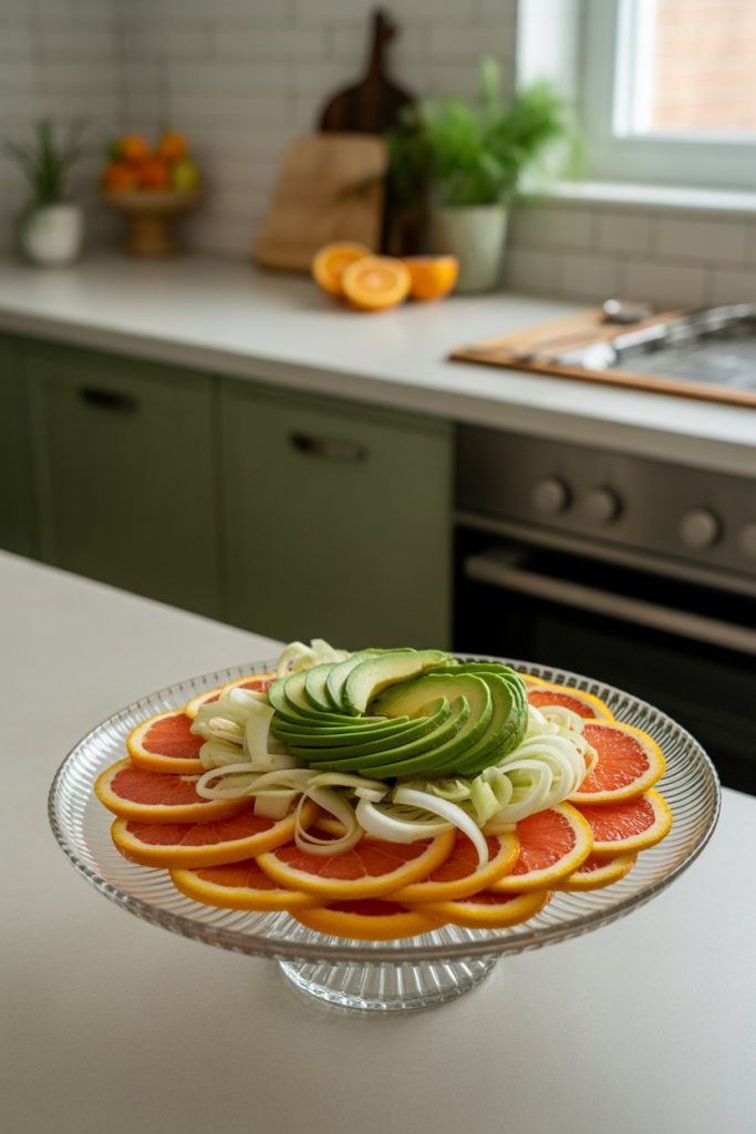 An indoor kitchen island with a glass platter layered with orange and grapefruit rounds, shaved fennel ribbons, and avocado slices fanned artfully. No text or logos; photo only.