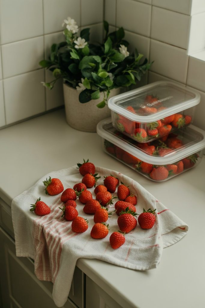 An indoor kitchen island with washed strawberries drying on a towel, storage containers waiting beside them—photo, no text or logos.