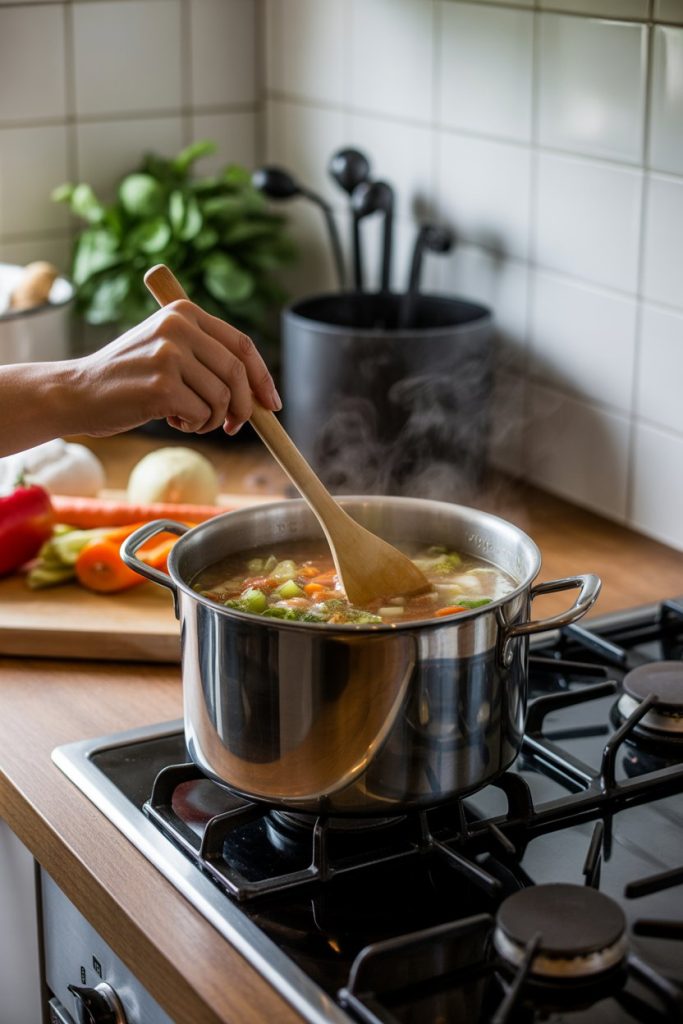 An indoor kitchen scene with a person stirring vegetable soup on the stovetop, steam gently rising. No faces, text, or logos. Photo, not illustration.
