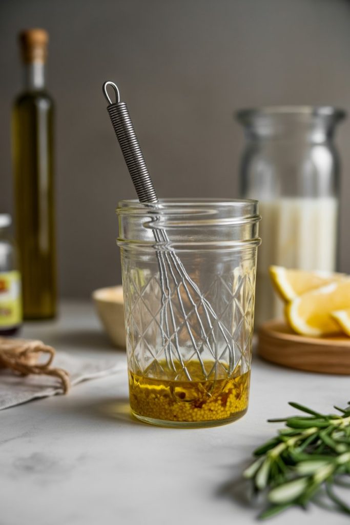 An indoor kitchen scene with a small whisk mixing olive oil, vinegar, and mustard in a glass jar—photo, no text or logos.