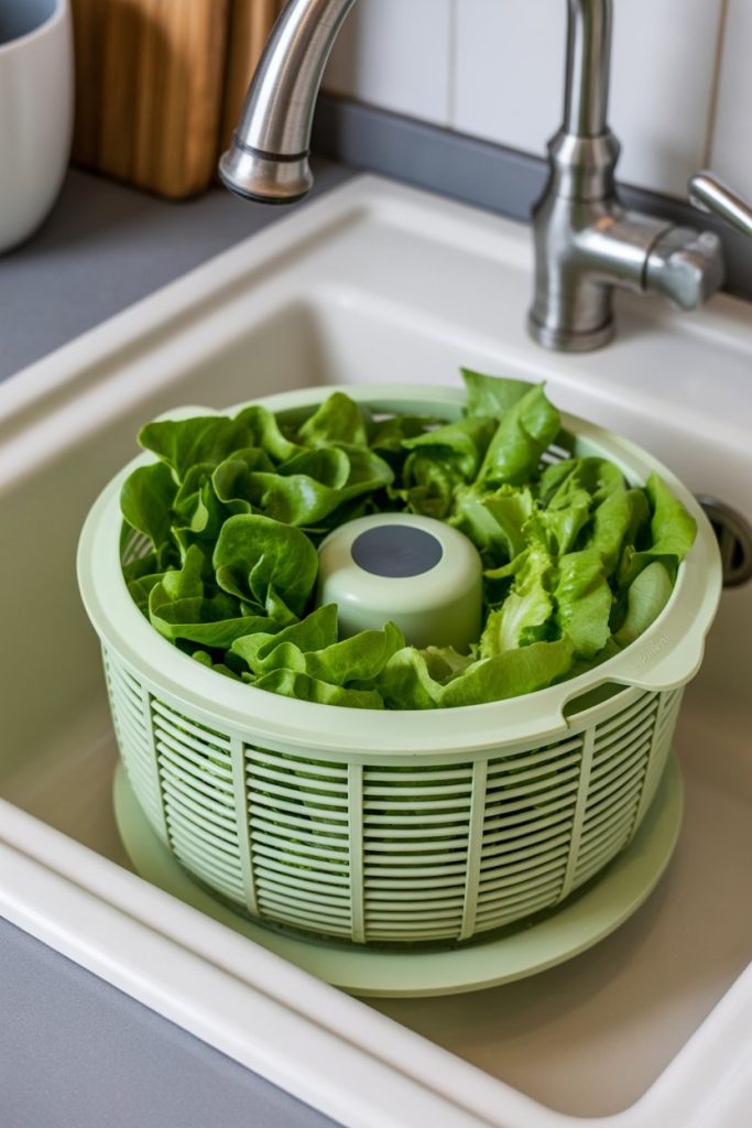 An indoor kitchen sink with a salad spinner full of crisp lettuce leaves—photo, no text or logos.