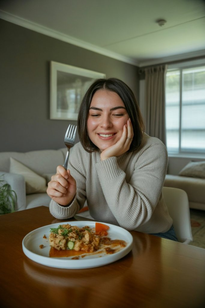An indoor living room with a person resting a fork, smiling, half a plate of food remaining—photo, no faces or logos.