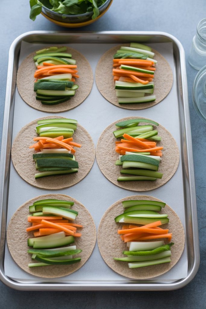 An indoor lunch prep station displaying whole-wheat wraps filled with rows of colorful julienned veggies, photographed top-down. No logos or text.