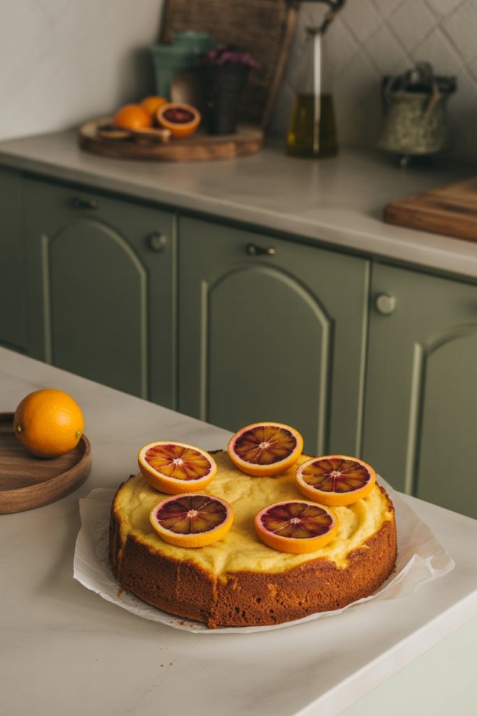 An indoor Mediterranean-style kitchen island with a slice of golden olive oil cake, vibrant blood orange segments arranged on top. No text or logos. Photo, not illustration.