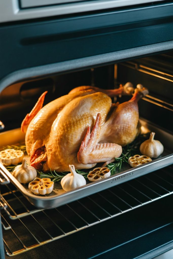 An indoor oven rack view of a flattened, fully cooked golden turkey surrounded by roasted garlic bulbs and rosemary sprigs. No text or logos.