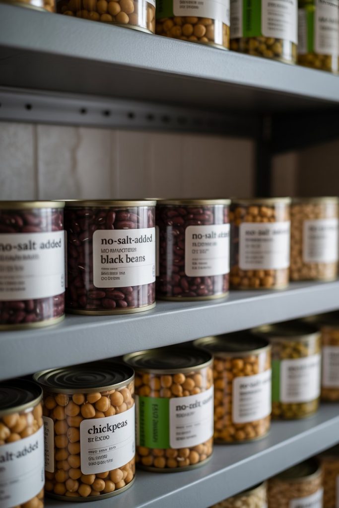 An indoor pantry shelf lined with no-salt-added black beans and chickpeas—photo, labels generic, no logos.