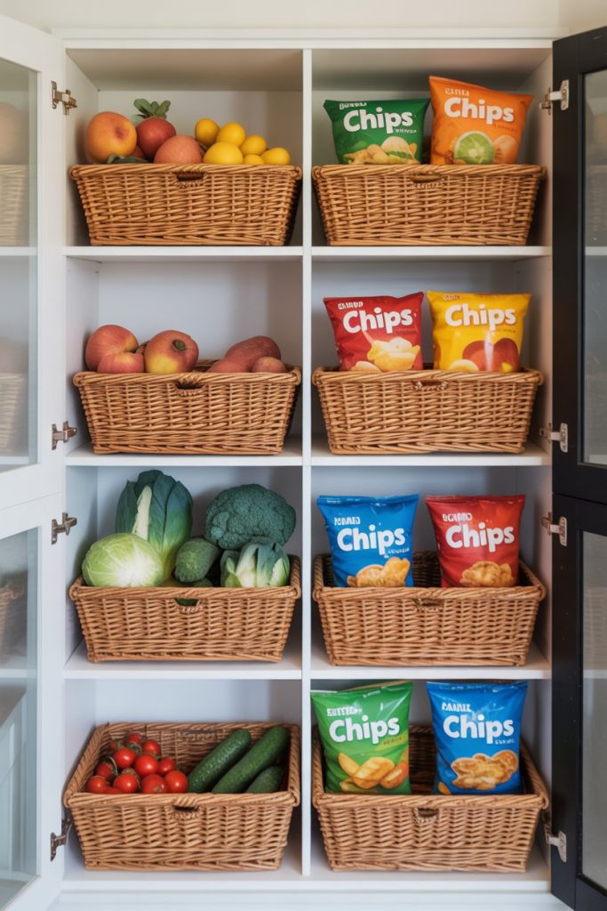Photo prompt: An indoor pantry split view: one side with fresh produce baskets, the other with brightly colored packaged snacks, illustrating contrast, no brand names.