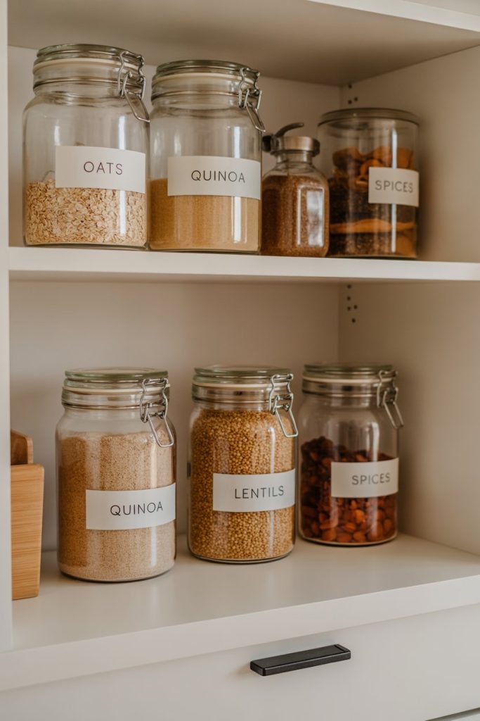 An indoor pantry with clear jars of oats, quinoa, lentils, and spices neatly labeled—photo, no brand logos or text.