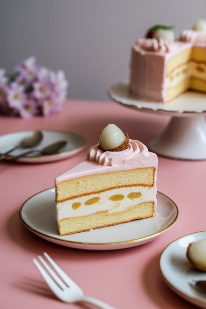 An indoor pastel dessert table with an airy chiffon cake slice, pale pink whipped cream, and lychee pieces on top. No text or logos. Photo, not illustration.