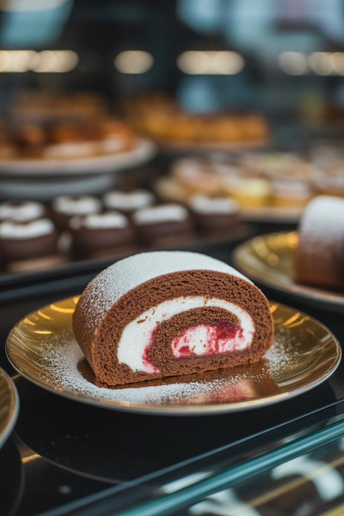 An indoor pastry counter displaying a slice of chocolate sponge roll filled with raspberry cream, dusted lightly with powdered sugar “snow.” No text or logos. Photo, not illustration.