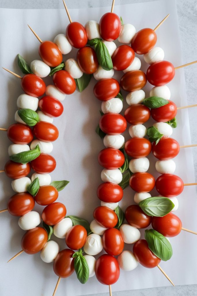 An indoor platter of short skewers alternating mozzarella and grape tomato halves arranged in a curved candy-cane shape, basil ribbons scattered, no text or logos.
