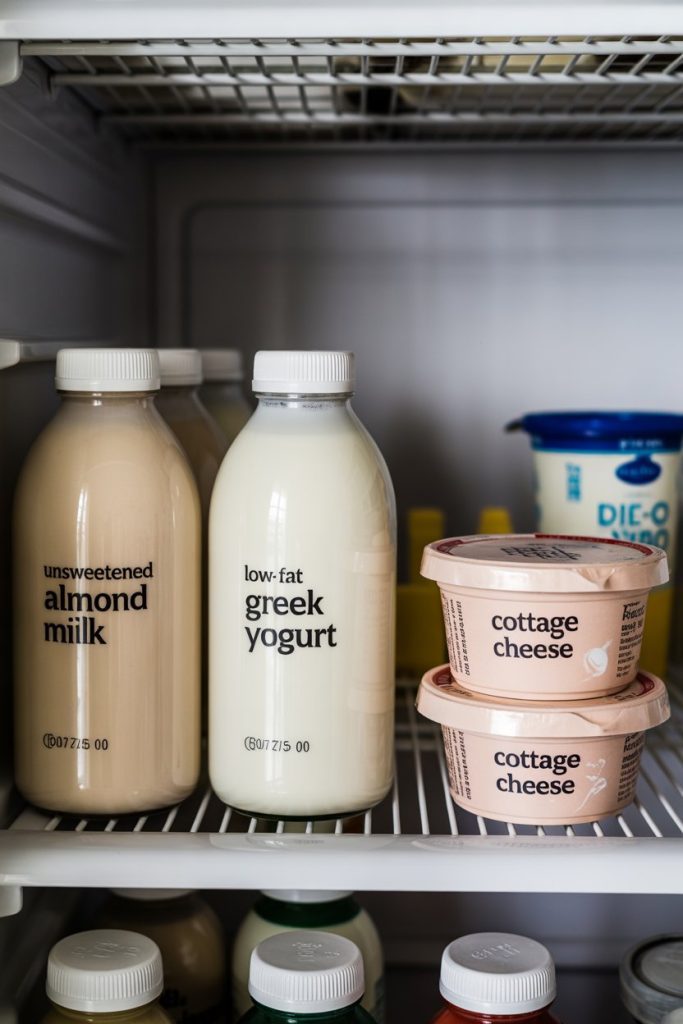 Photo prompt: An indoor refrigerator shelf displaying unsweetened almond milk, low-fat Greek yogurt, and cottage cheese in plain containers, labels turned away.