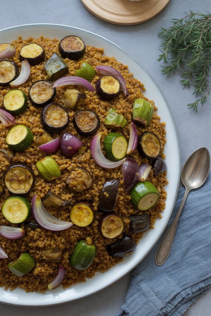 An indoor serving platter of freekeh pilaf studded with roasted zucchini, eggplant, and red onion. No text or logos.