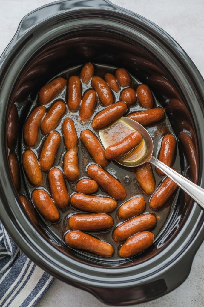 An indoor slow cooker filled with glazed cocktail sausages in sticky honey-garlic sauce, serving spoon ready, no logos.