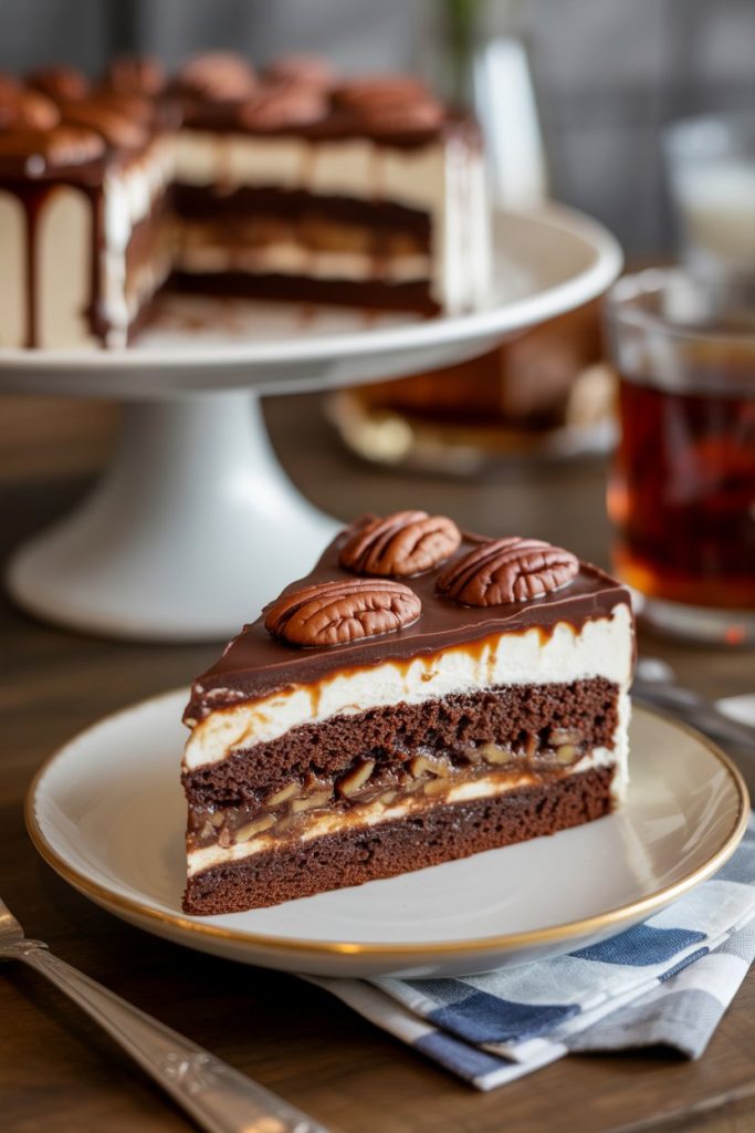 An indoor Southern dessert buffet with a slice of chocolate cake layered with gooey pecan pie filling and bourbon-ganache. No text or logos. Photo, not illustration.