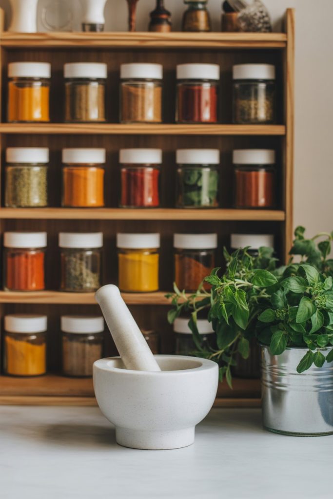 An indoor spice rack with colorful jars of turmeric, paprika, and oregano surrounding a mortar and pestle—photo, no text or logos.