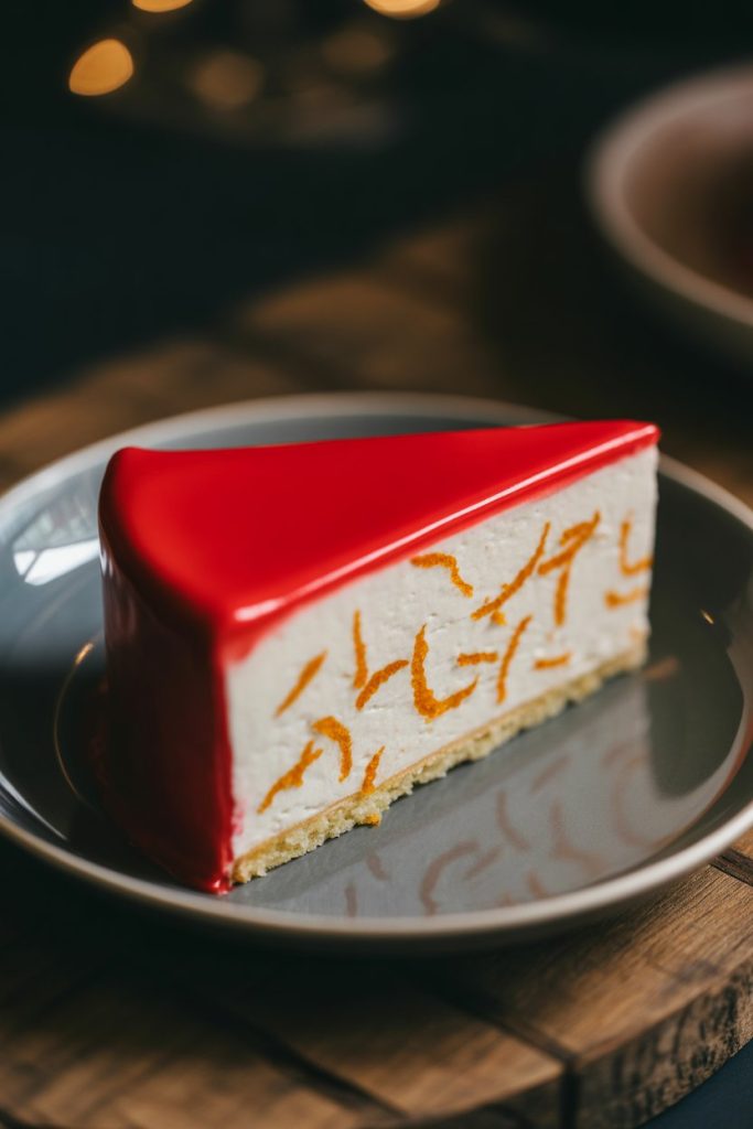 An indoor studio shot of a glossy red mirror-glazed cake slice showing a delicate white mousse interior studded with orange zest. No text or logos. Photo, not illustration.