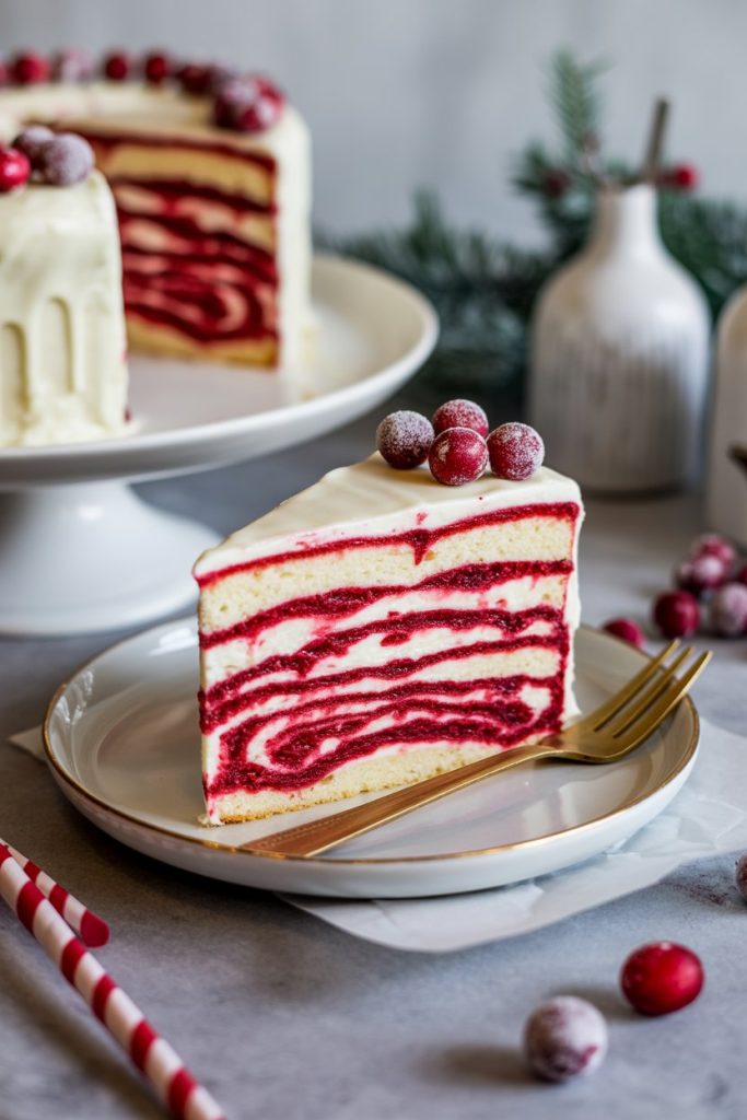 An indoor winter-themed table showing a white chocolate cake slice with ruby cranberry swirls and sugared cranberries on top. No text or logos. Photo, not illustration.