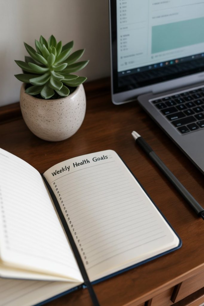 Photo prompt: An indoor workspace with a notebook open to a short list of weekly health goals written by hand, words blurred, no logos.